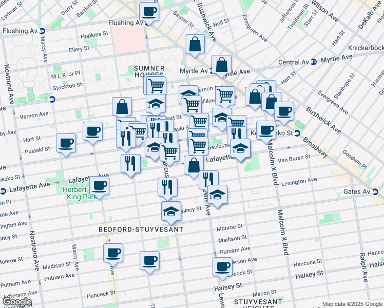 map of restaurants, bars, coffee shops, grocery stores, and more near 408 Kosciuszko Street in Brooklyn