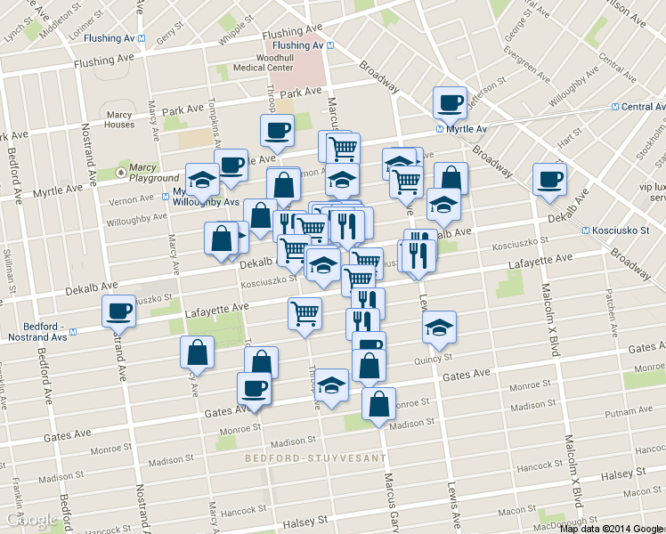 map of restaurants, bars, coffee shops, grocery stores, and more near 347 Kosciuszko Street in Brooklyn