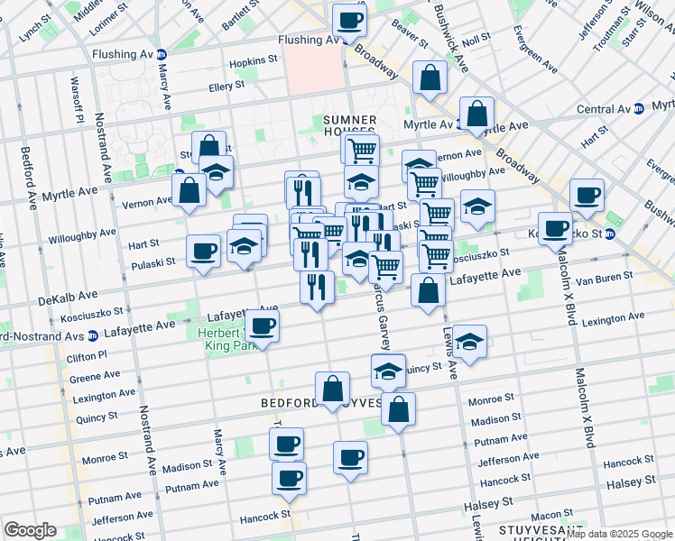 map of restaurants, bars, coffee shops, grocery stores, and more near 347 Kosciuszko Street in Brooklyn