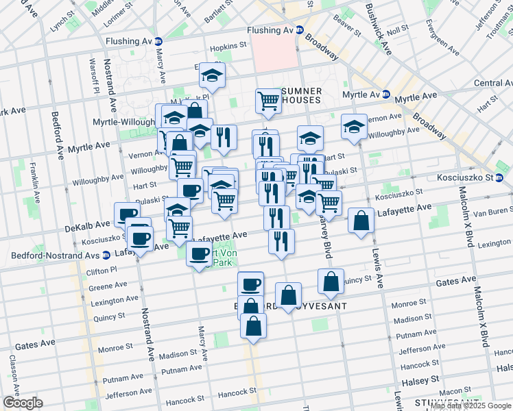 map of restaurants, bars, coffee shops, grocery stores, and more near 804 Dekalb Avenue in Brooklyn
