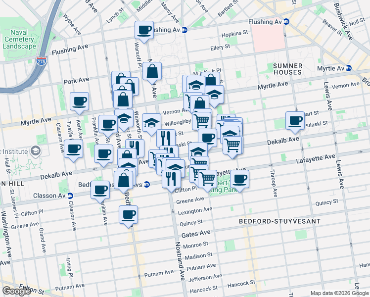 map of restaurants, bars, coffee shops, grocery stores, and more near 42 Pulaski Street in Brooklyn