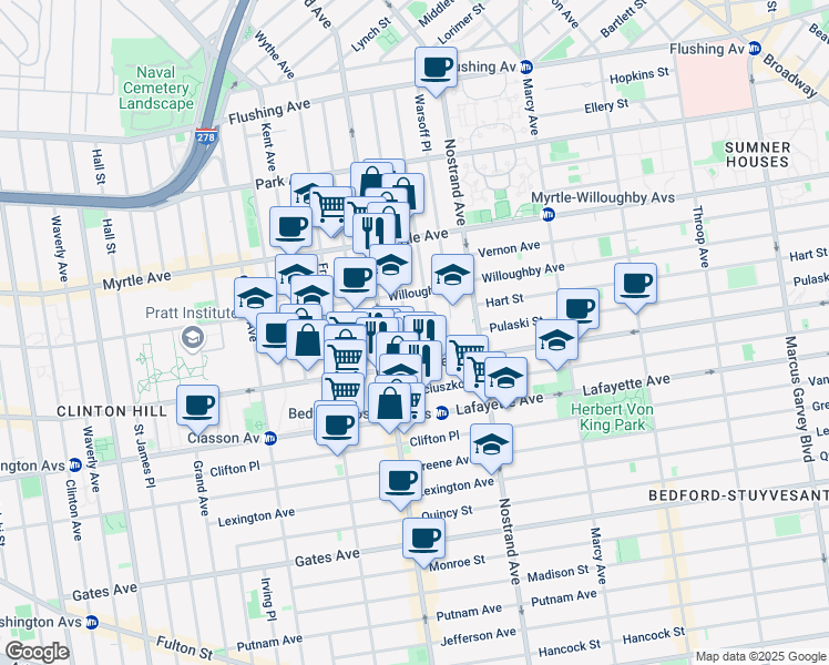 map of restaurants, bars, coffee shops, grocery stores, and more near 205 Spencer Street in Brooklyn