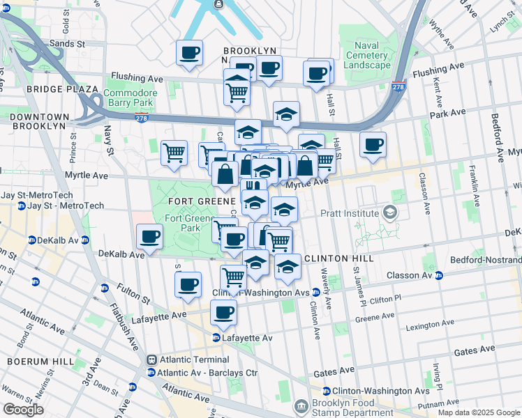 map of restaurants, bars, coffee shops, grocery stores, and more near 192 Clermont Avenue in Brooklyn
