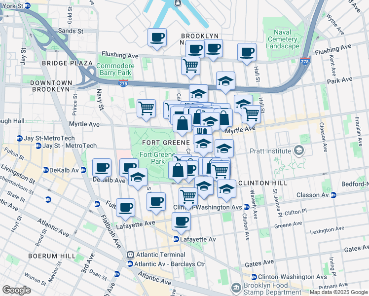 map of restaurants, bars, coffee shops, grocery stores, and more near 191 Carlton Avenue in Brooklyn
