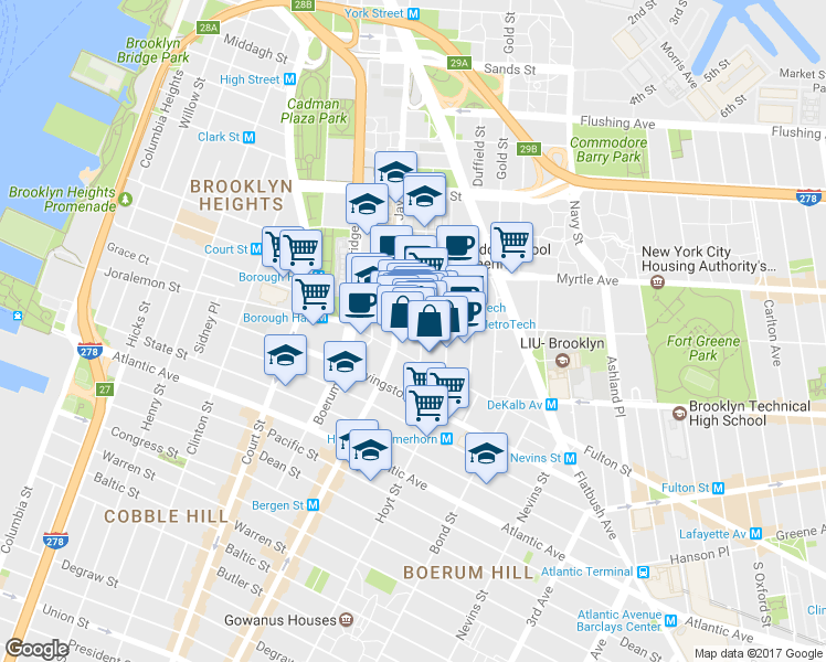 map of restaurants, bars, coffee shops, grocery stores, and more near 111 Lawrence Street in Brooklyn