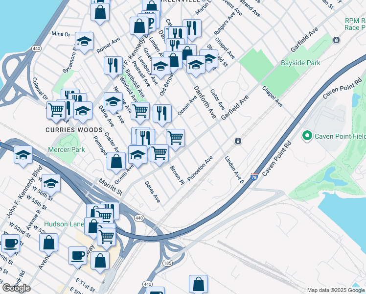 map of restaurants, bars, coffee shops, grocery stores, and more near 64 Winfield Avenue in Jersey City