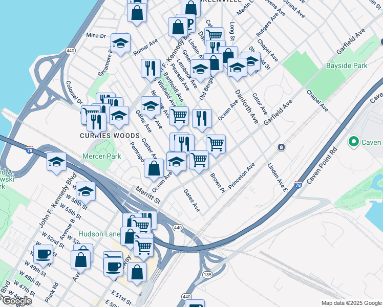 map of restaurants, bars, coffee shops, grocery stores, and more near in Jersey City
