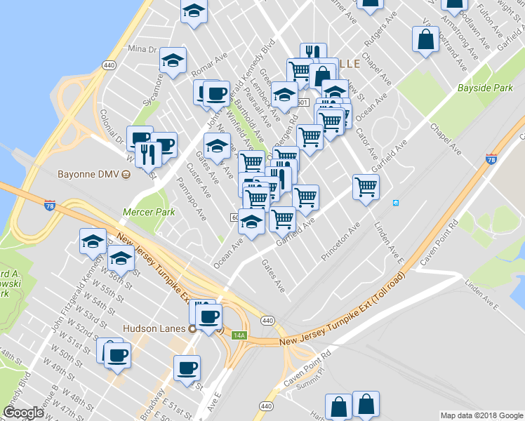 map of restaurants, bars, coffee shops, grocery stores, and more near in Jersey City