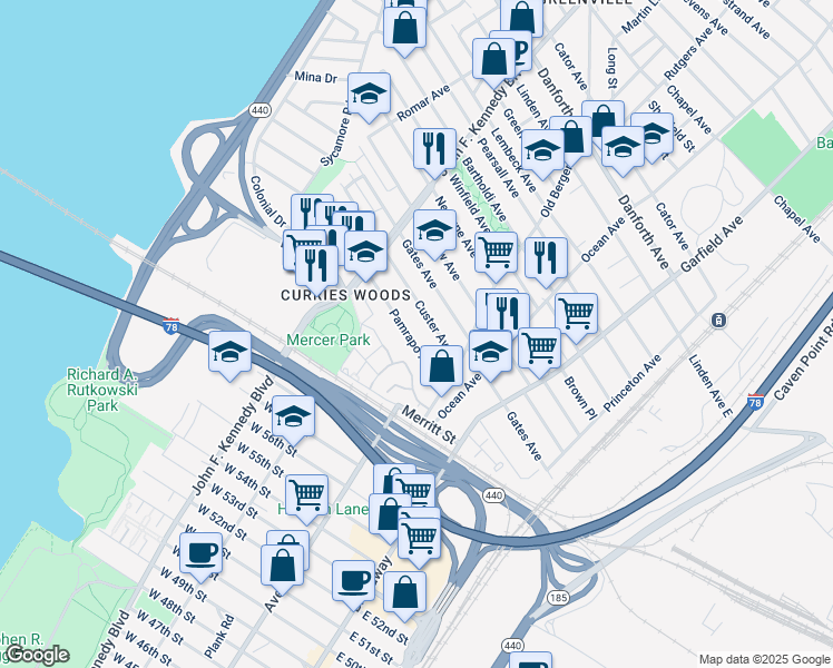 map of restaurants, bars, coffee shops, grocery stores, and more near 145 Custer Avenue in Jersey City