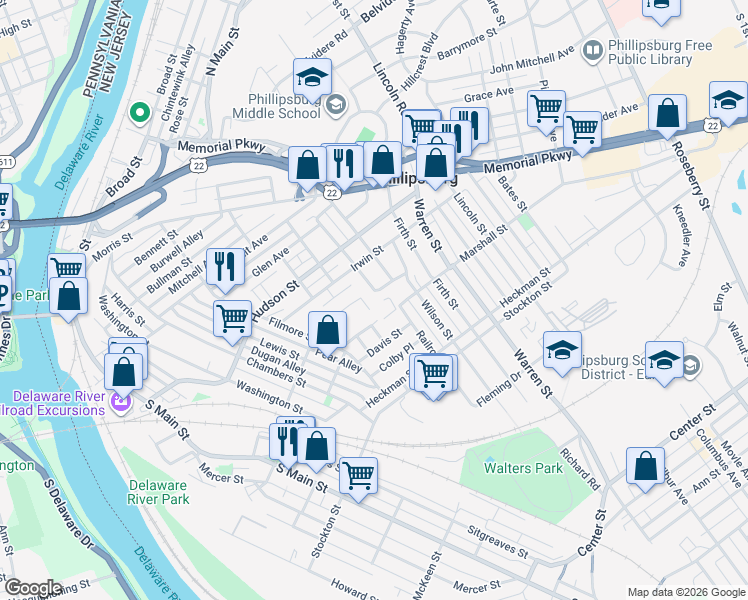 map of restaurants, bars, coffee shops, grocery stores, and more near 100 Henderson Street in Phillipsburg