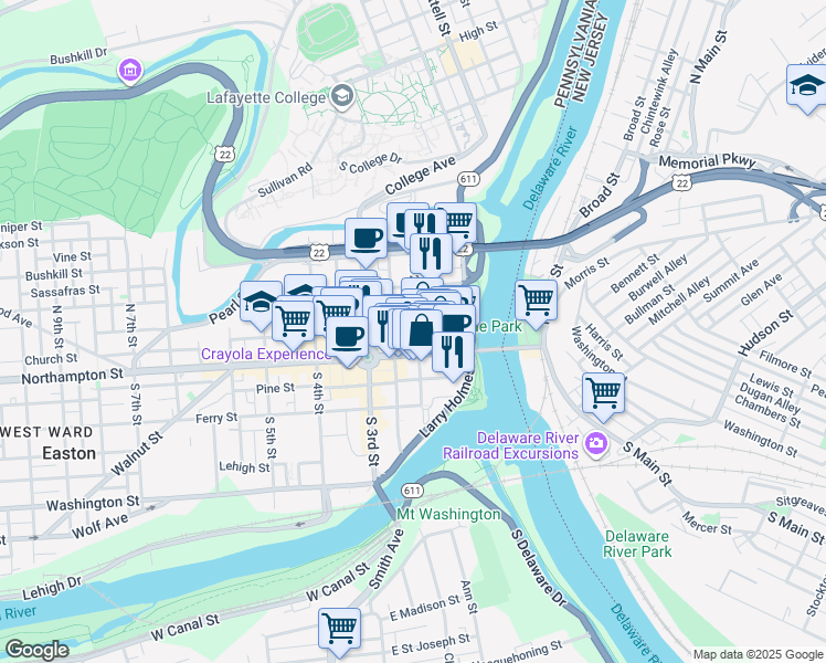 map of restaurants, bars, coffee shops, grocery stores, and more near 27 North 2nd Street in Easton