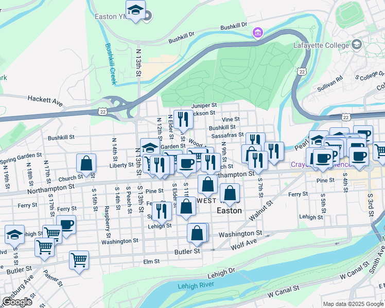 map of restaurants, bars, coffee shops, grocery stores, and more near 116 North Warren Street in Easton