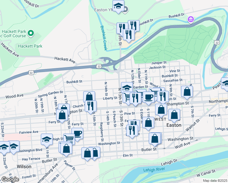 map of restaurants, bars, coffee shops, grocery stores, and more near 1328 Spring Garden Street in Easton