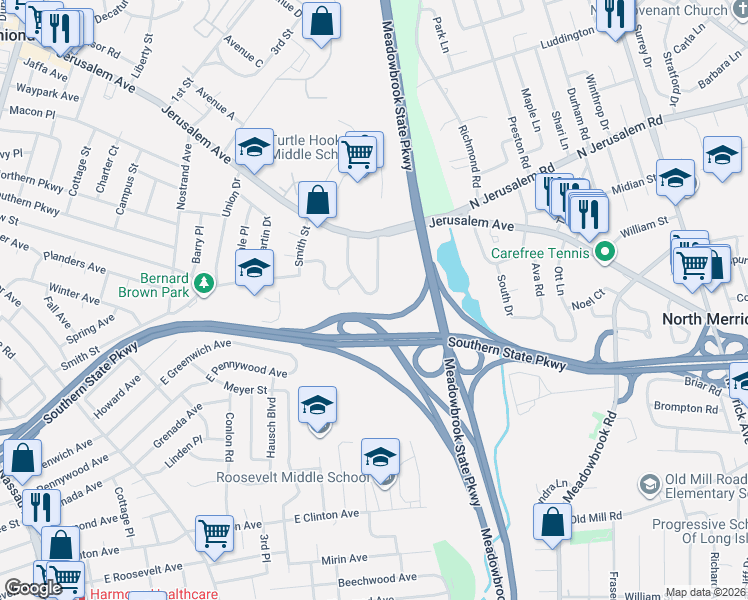 map of restaurants, bars, coffee shops, grocery stores, and more near 804 Northgate Drive in Uniondale