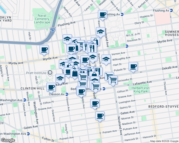 map of restaurants, bars, coffee shops, grocery stores, and more near 958 Bedford Avenue in Brooklyn