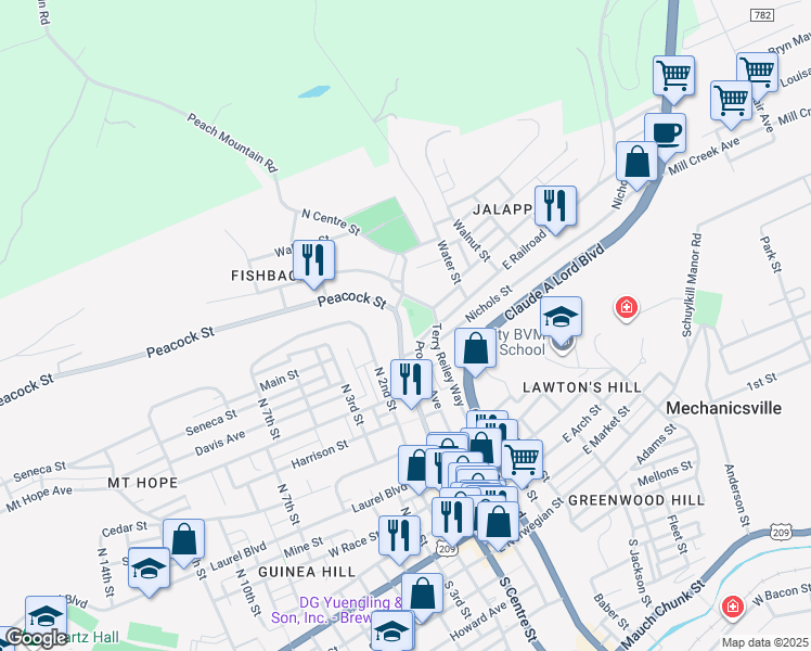 map of restaurants, bars, coffee shops, grocery stores, and more near 636 N Centre St in Pottsville