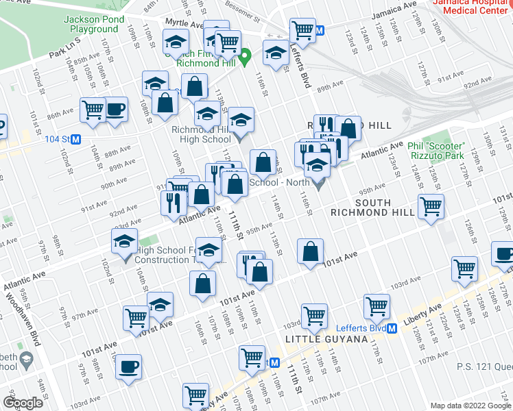 map of restaurants, bars, coffee shops, grocery stores, and more near 94-16 113th Street in Queens