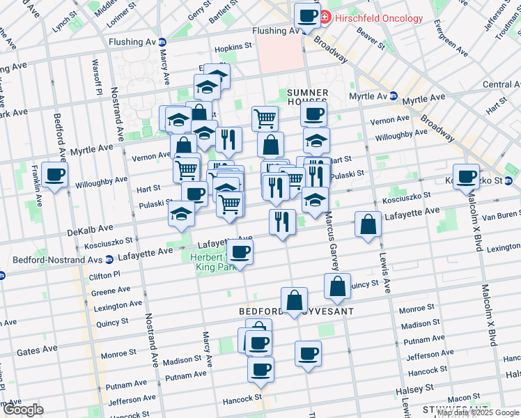 map of restaurants, bars, coffee shops, grocery stores, and more near 804 DeKalb Avenue in Brooklyn