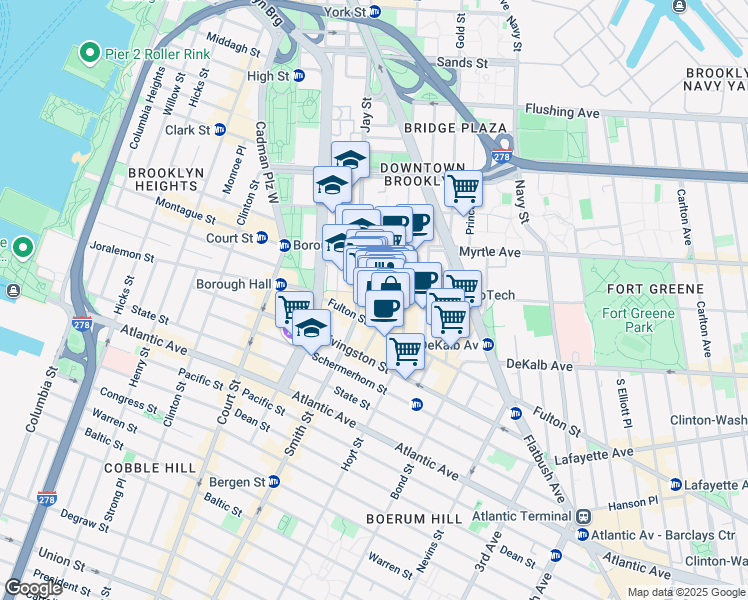 map of restaurants, bars, coffee shops, grocery stores, and more near 68 Willoughby Street in Brooklyn