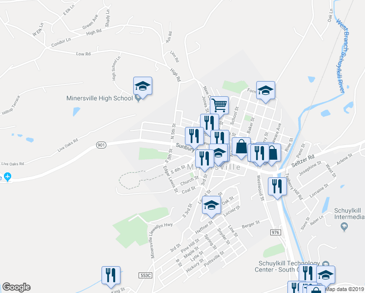 map of restaurants, bars, coffee shops, grocery stores, and more near 453 Sunbury Street in Minersville