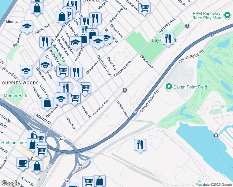 map of restaurants, bars, coffee shops, grocery stores, and more near 350 Princeton Avenue in Jersey City