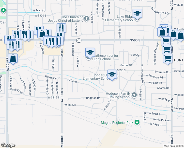 map of restaurants, bars, coffee shops, grocery stores, and more near 7779 Washington Road in Magna