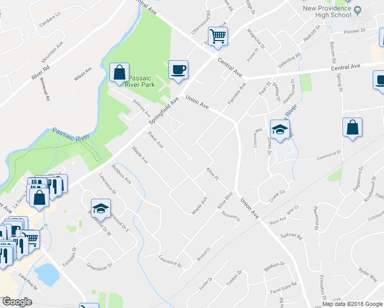 map of restaurants, bars, coffee shops, grocery stores, and more near 46 Meadowview Lane in Berkeley Heights