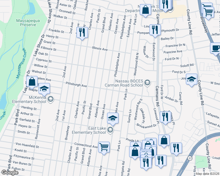 map of restaurants, bars, coffee shops, grocery stores, and more near 363 Pittsburgh Avenue in Massapequa Park
