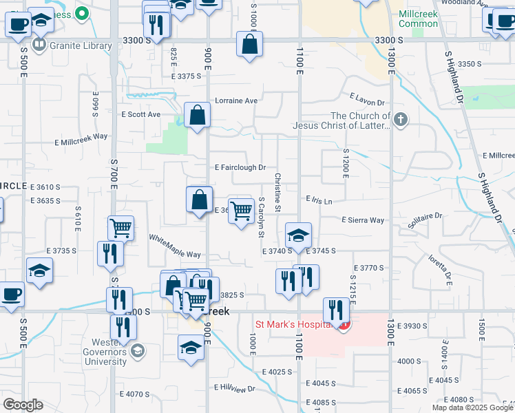 map of restaurants, bars, coffee shops, grocery stores, and more near 3660 South Carolyn Street in Millcreek