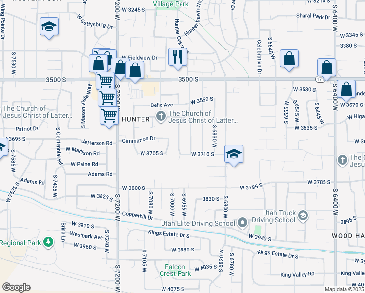 map of restaurants, bars, coffee shops, grocery stores, and more near 3687 Royal Scott Drive in West Valley City