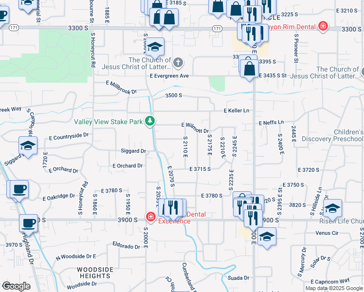 map of restaurants, bars, coffee shops, grocery stores, and more near 3646 South 2110 East in Salt Lake City