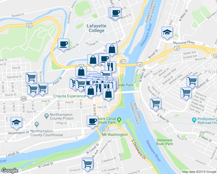 map of restaurants, bars, coffee shops, grocery stores, and more near 27 North 2nd Street in Easton