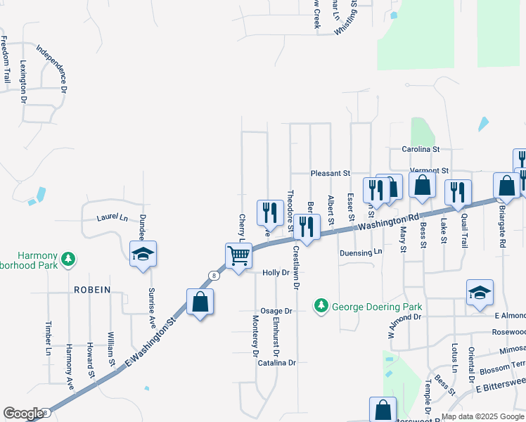map of restaurants, bars, coffee shops, grocery stores, and more near 115 Stahl Avenue in Washington