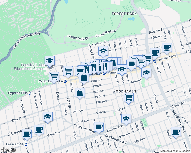 map of restaurants, bars, coffee shops, grocery stores, and more near 80-22 Jamaica Avenue in Queens