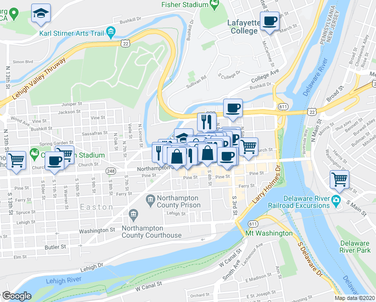 map of restaurants, bars, coffee shops, grocery stores, and more near 37 N 5th St in Easton