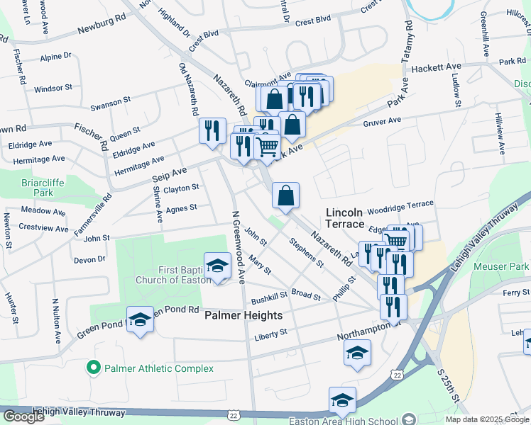 map of restaurants, bars, coffee shops, grocery stores, and more near 2901 Stephens Street in Easton