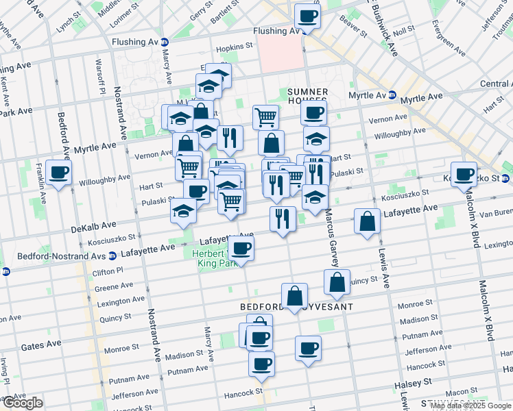 map of restaurants, bars, coffee shops, grocery stores, and more near 796 Dekalb Avenue in Brooklyn