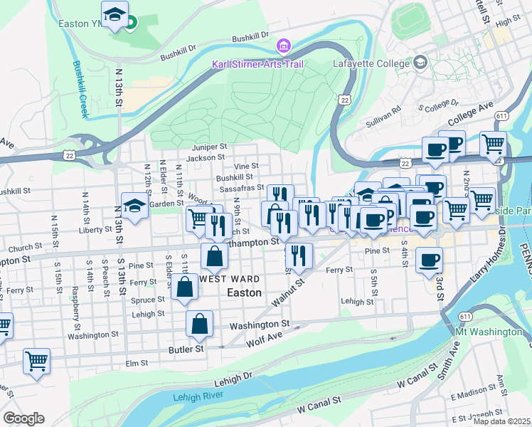 map of restaurants, bars, coffee shops, grocery stores, and more near 41 North 8th Street in Easton