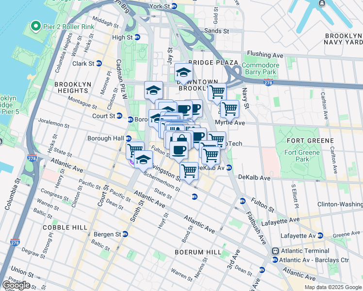 map of restaurants, bars, coffee shops, grocery stores, and more near 68 Willoughby Street in Brooklyn