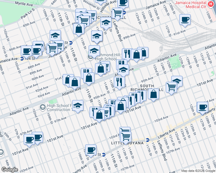 map of restaurants, bars, coffee shops, grocery stores, and more near 94-29 114th Street in Queens