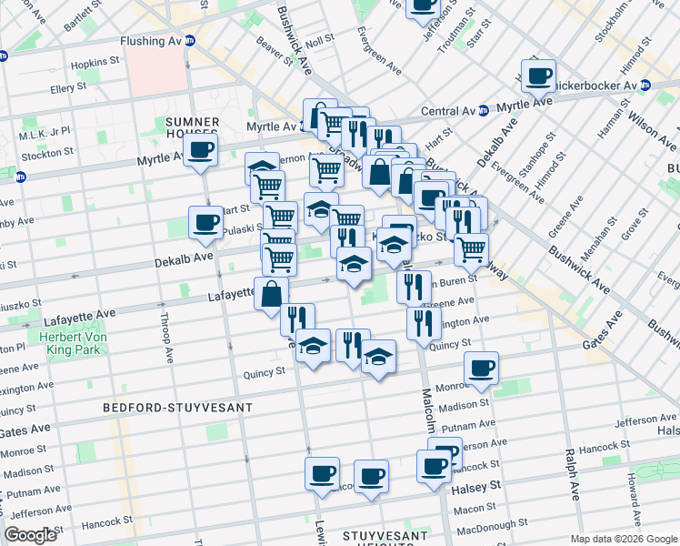 map of restaurants, bars, coffee shops, grocery stores, and more near 955 Lafayette Avenue in Brooklyn