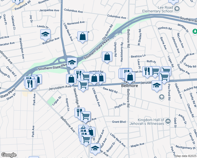 map of restaurants, bars, coffee shops, grocery stores, and more near 2518 Jody Court in North Bellmore