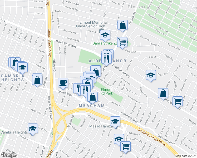 map of restaurants, bars, coffee shops, grocery stores, and more near 35 Freeman Avenue in Elmont