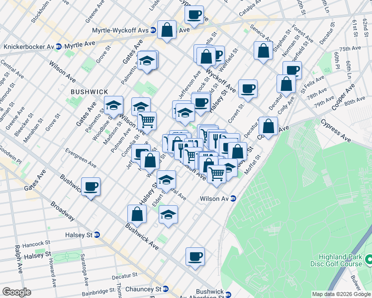 map of restaurants, bars, coffee shops, grocery stores, and more near 1228 Halsey Street in Brooklyn