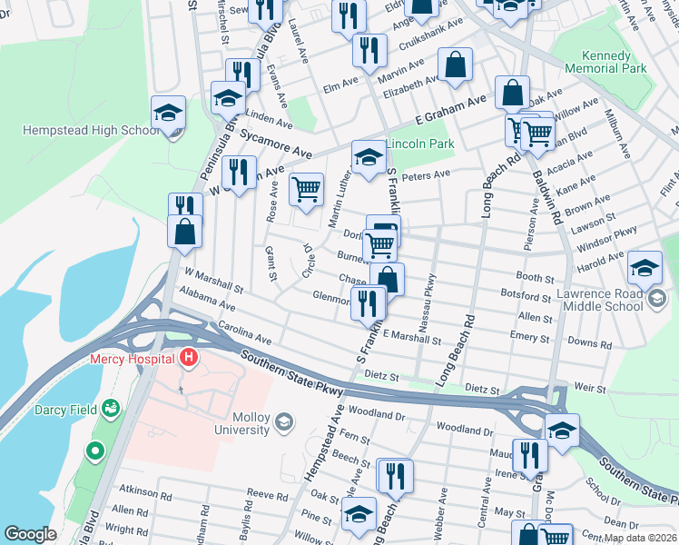 map of restaurants, bars, coffee shops, grocery stores, and more near 59 Chase Street in Hempstead