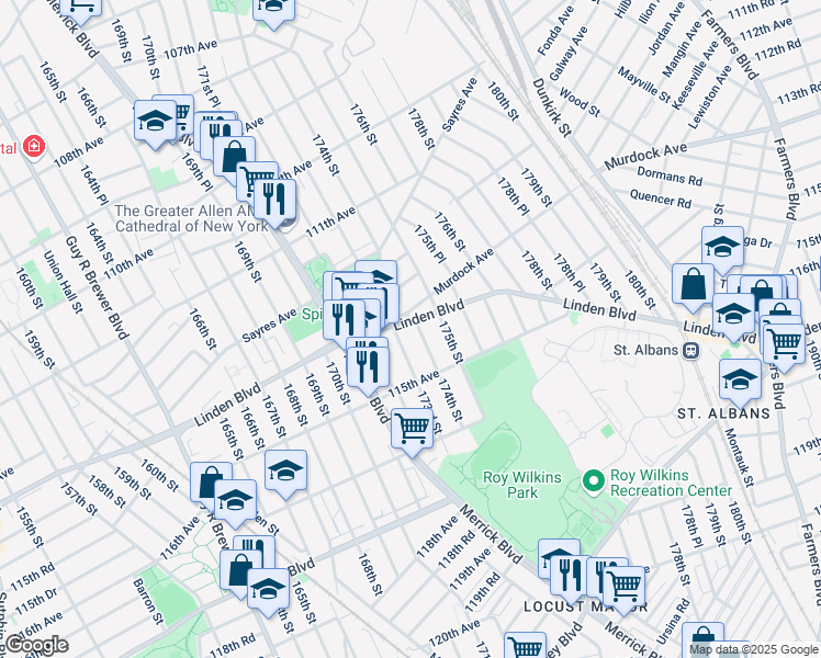map of restaurants, bars, coffee shops, grocery stores, and more near 114-11 174th Street in Queens