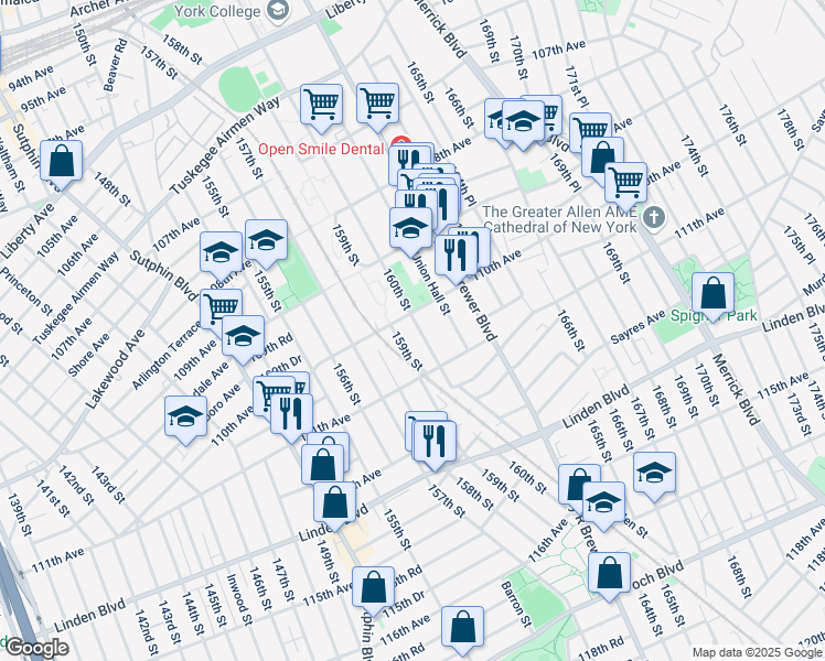 map of restaurants, bars, coffee shops, grocery stores, and more near 110-16 160th Street in Queens