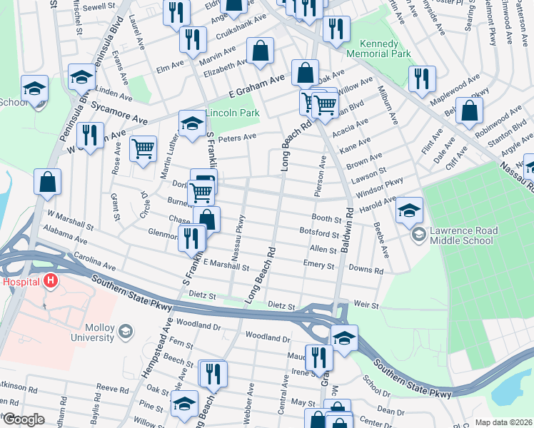 map of restaurants, bars, coffee shops, grocery stores, and more near 86 Booth Street in Hempstead