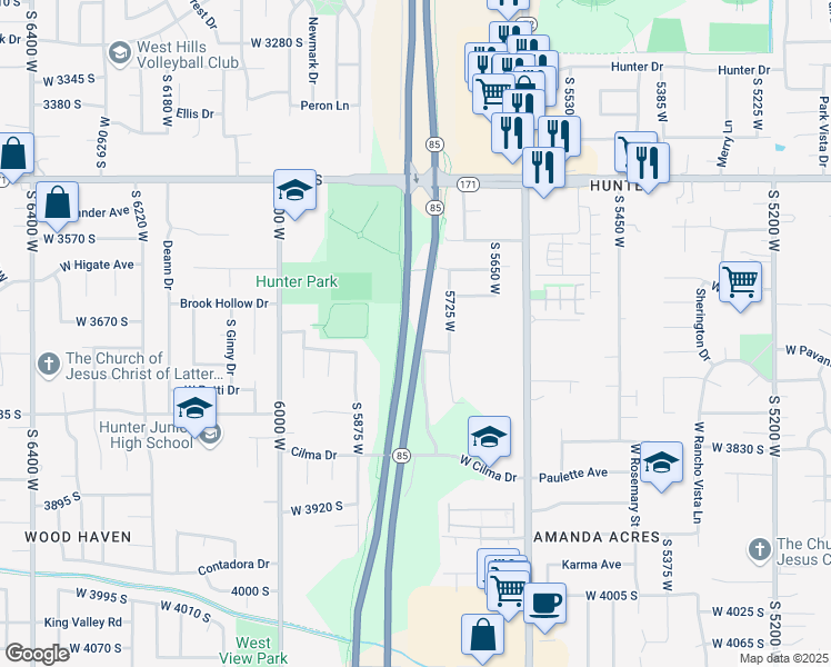 map of restaurants, bars, coffee shops, grocery stores, and more near 3680 Masters Drive in West Valley City