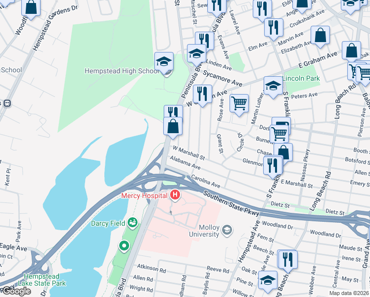 map of restaurants, bars, coffee shops, grocery stores, and more near 219 West Marshall Street in Hempstead